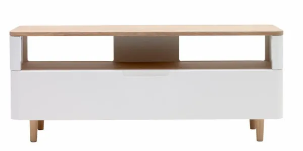 Grandeur TV stand, with 1 drawer - white MDF and white-oiled oak veneer/oak (120x40)