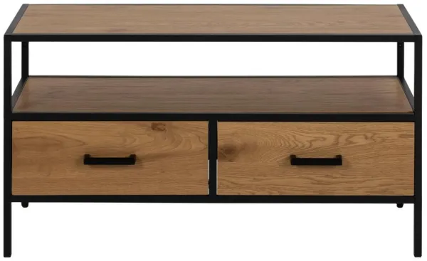 ACT NORDIC Seaford TV stand, with 1 shelf and 2 drawers - natural wild oak melamine and black metal (90x35)