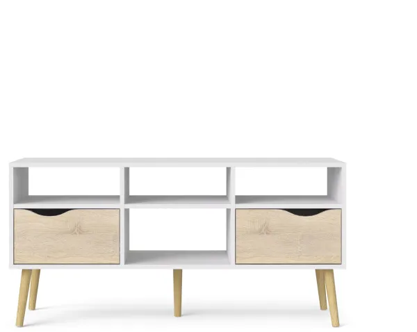 TVILUM Delta TV stand - white/oak structure, with 2 drawers and 4 compartments